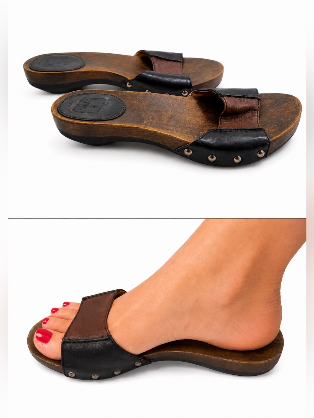 Frye Wooden Slide Sandals Leather Clog Slides Sz 7 Boho Summer Festival 70’s
